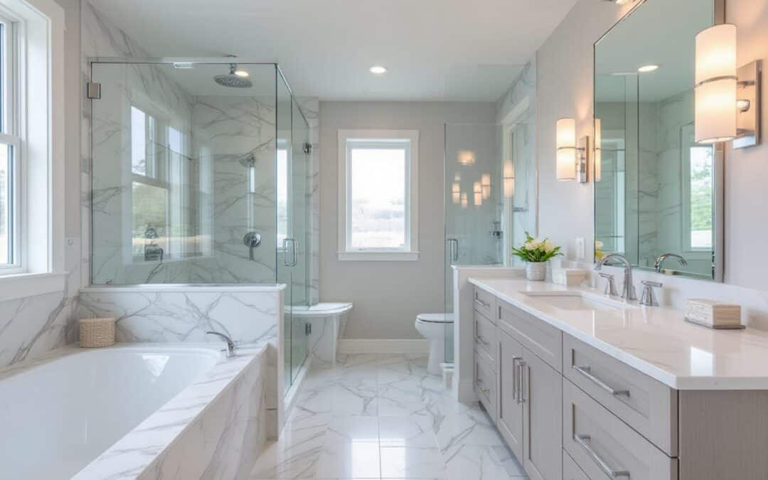 Modern bath remodel featuring double vanity, soaking tub, and stylish tile flooring — turning small bathroom spaces into beautiful retreats.