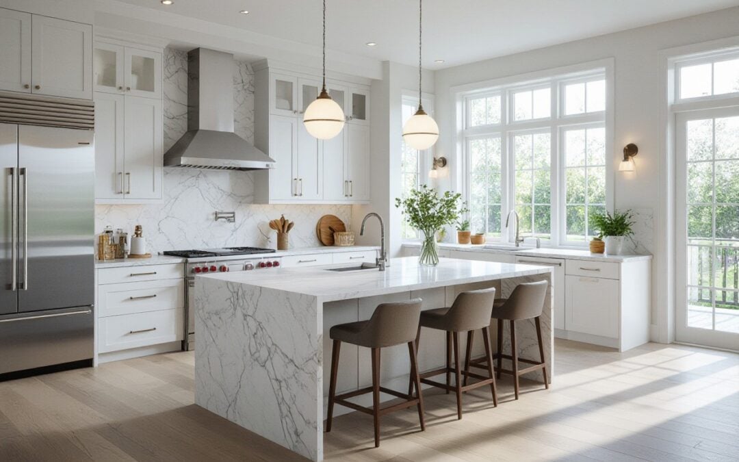 Open kitchen with large island, bar seating, and modern flooring — inspiring kitchen makeover ideas for a bright and functional cooking space