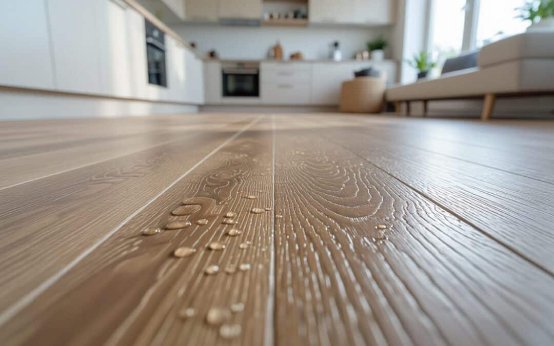 Close-up of waterproof vinyl plank flooring with water droplets — durable and stylish flooring option for modern Texas homes