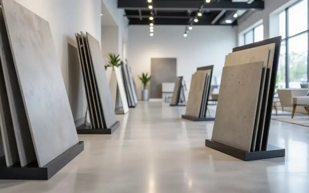 Large commercial flooring showroom in Plano TX displaying polished tiles and modern floor samples under bright lighting.