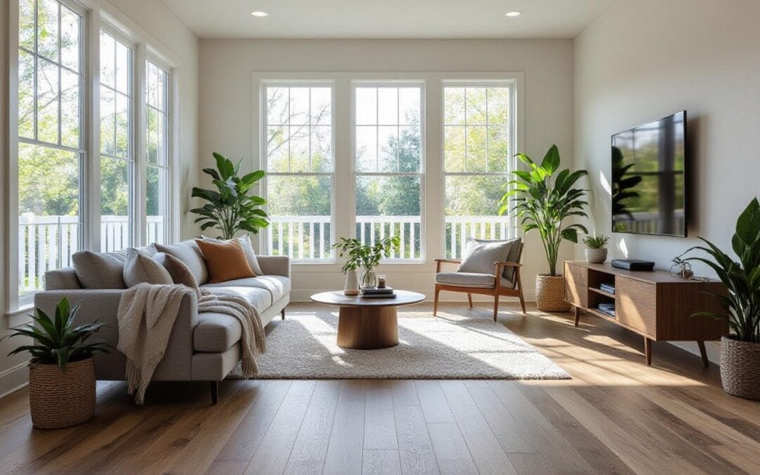 Bright Dallas living room with luxury vinyl plank flooring, modern décor, and natural light — showcasing stylish and durable vinyl plank installation