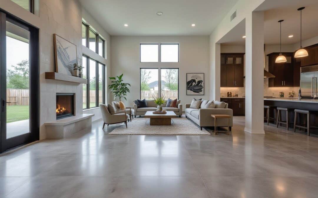 Spacious modern living room with sleek gray flooring, a cozy fireplace, and open-concept design leading to the kitchen, showcasing the elegance of whole-home flooring replacement in McKinney, TX.
