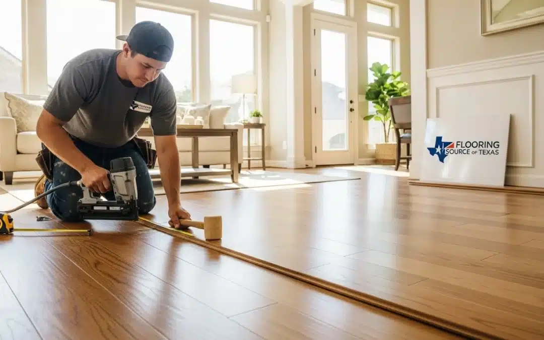 Professional installer fitting oak hardwood planks in a modern Plano TX home by Flooring Source of Texas
