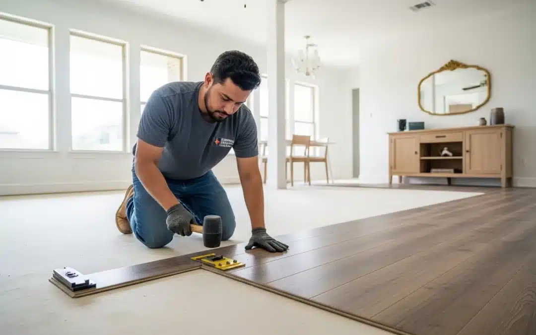 Professional installer laying luxury vinyl plank flooring in a modern Dallas TX home by Flooring Source of Texas